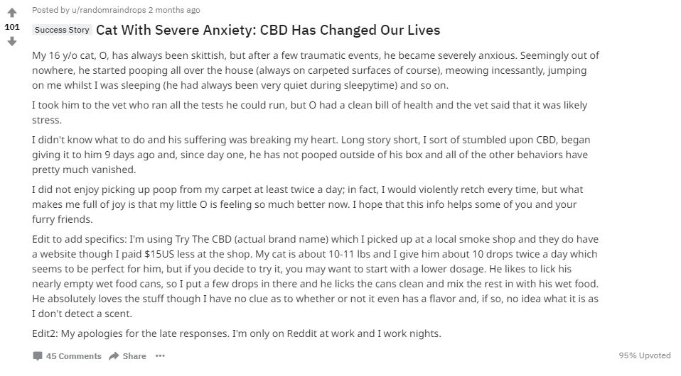 CBD for cats with anxiety reddit screenshot
