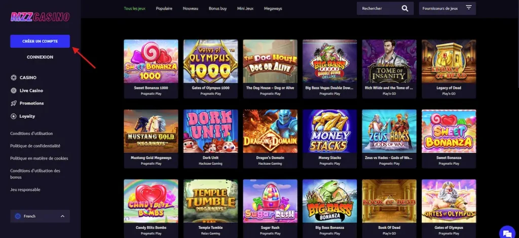 Formulaire d'inscription rapide sur Rizz Casino pour obtenir vos free spins de bienvenue