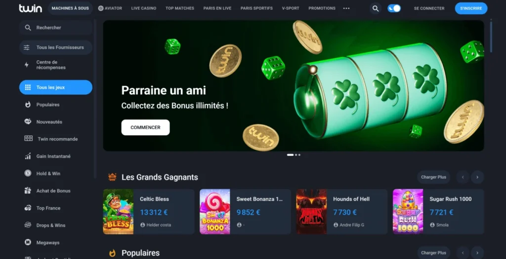 Interface mobile optimisée de Twin Casino avec offre de parrainage