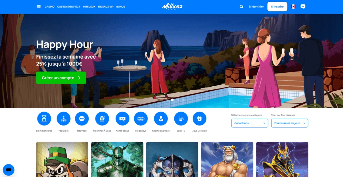 Page d'accueil de Millionz Casino avec son programme VIP Satori