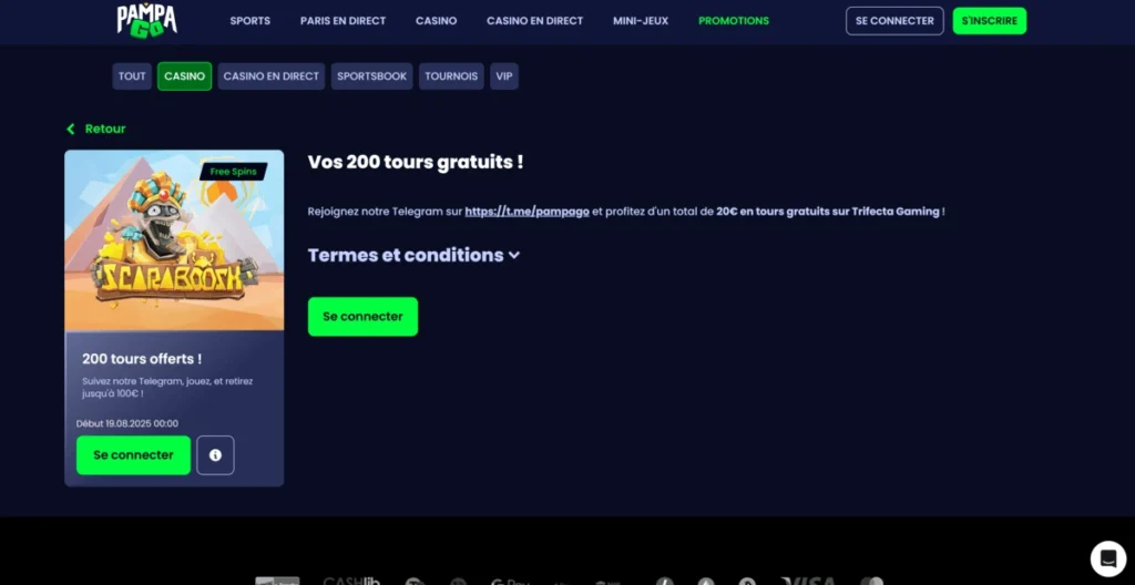 Promotion exclusive de 200 tours gratuits sans dépôt sur PampaGo