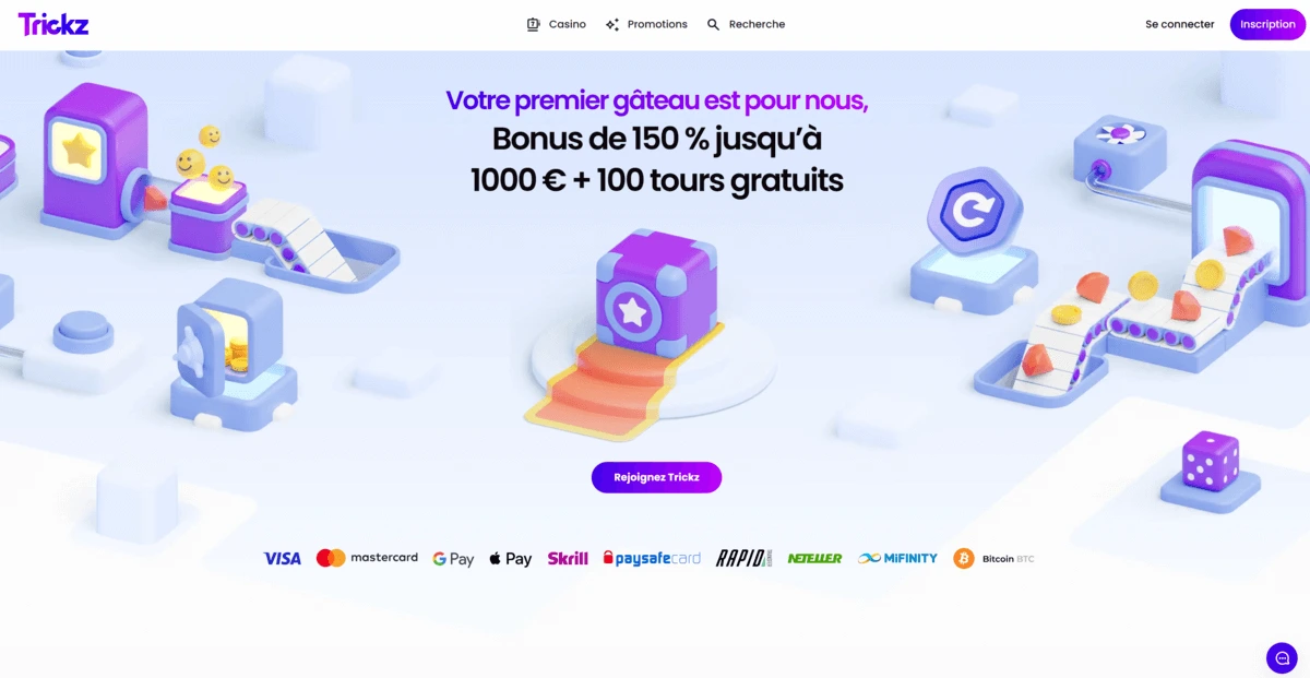 Plateforme élégante de Trickz Casino avec ses offres de tours gratuits