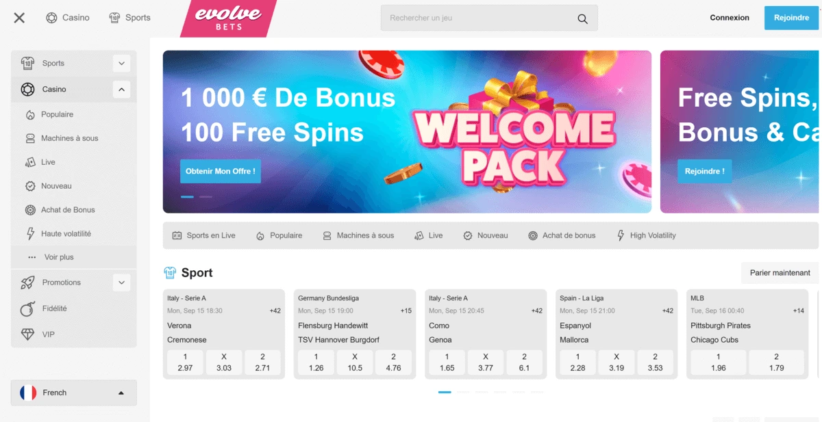 Plateforme hybride Evolvebets combinant jeux de casino et paris sportifs en ligne