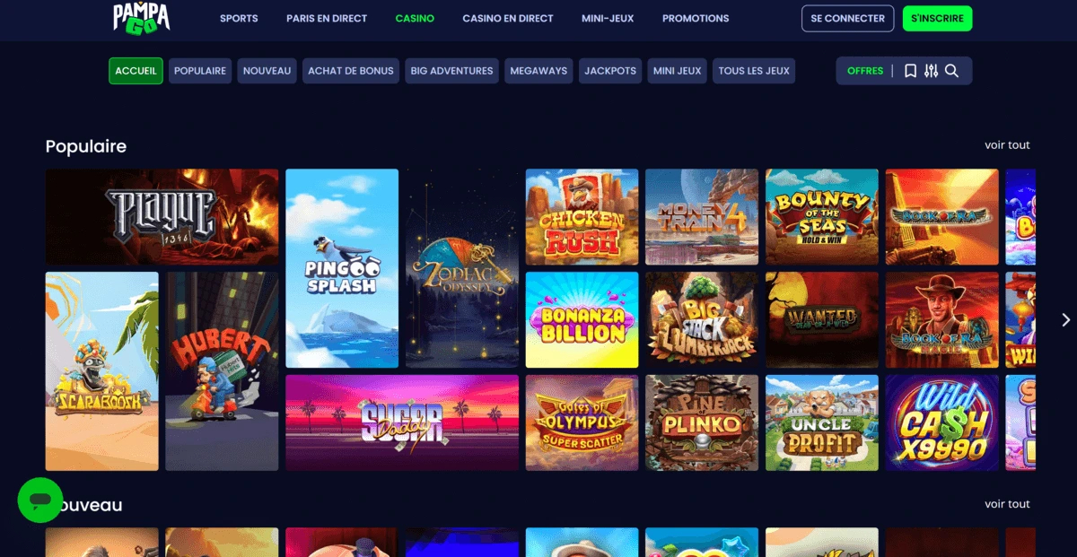 Interface moderne du casino Pampago avec une ludothèque riche de 4000 jeux