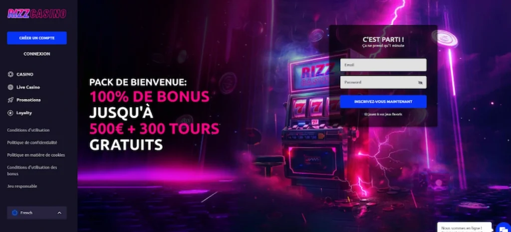 Interface néofuturiste de Rizz Casino proposant une offre de bienvenue électrisante avec free spins