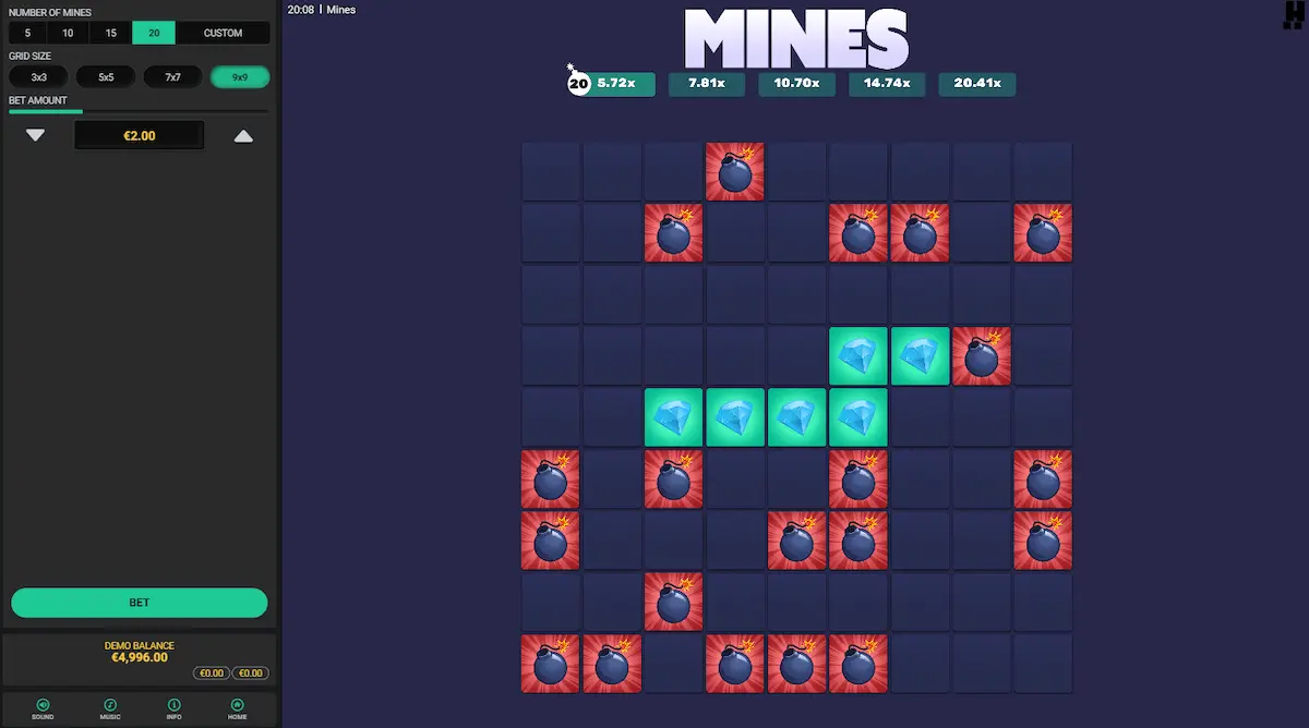 Le mini-jeu de casino Mines, similaire au jeu du poulet.